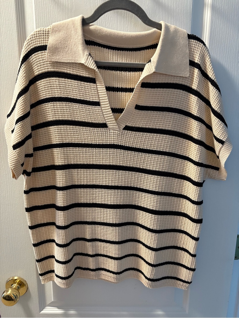 Cream and Black Striped Knit Polo Top